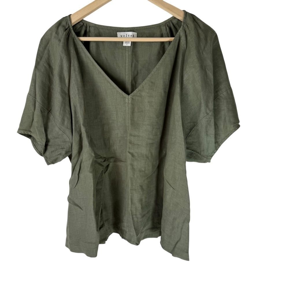 Velvet by Graham &‎ Spencer Army Green 100% Linen V-Neck Top Sz L